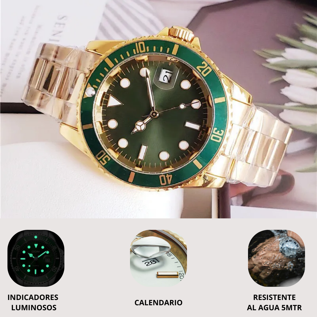 Reloj Clasico Estilo Rolex Verde y Dorado