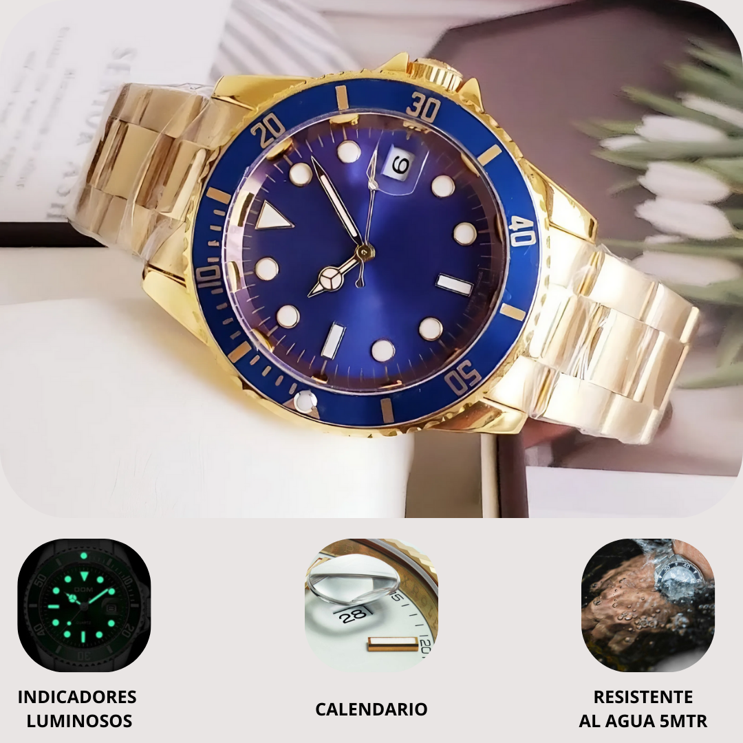 Reloj Clasico Estilo Rolex Azul y Dorado