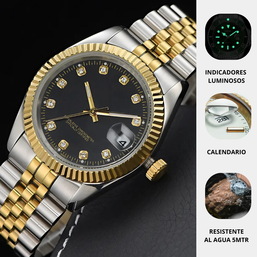 Reloj Clásico Estilo Rolex Negro-Plateado y Dorado